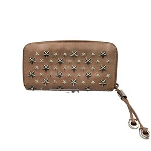 Jimmy Choo Wallet Leather Zip Around Star Studded Nude Beige Clutch Italian